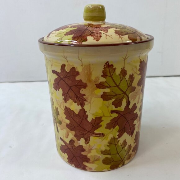 Pier 1 Autumn Ceramic Cookie Jar Yellow Red Brown Leaves Design Kitchen Storage - Picture 1 of 9